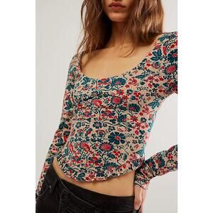 Free People Melanie Long Sleeve Paisley Top in Sand Combo XS NWT